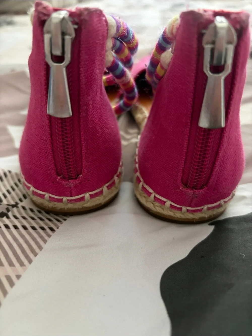 Treasure & Bond Bright Pink Canvas Espadrilles with Rainbow Striped Ankle Wraps